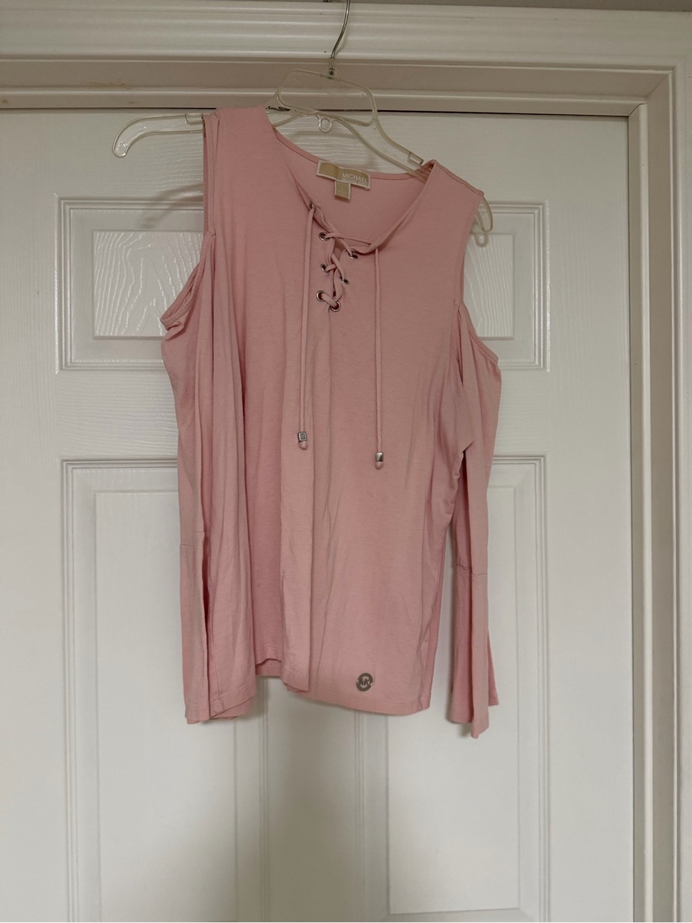 Michael Kors Lace-Up Cold-Shoulder Top in Dusty Pink